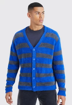 Oversized Stripe Fluffy Cardigan Cobalt
