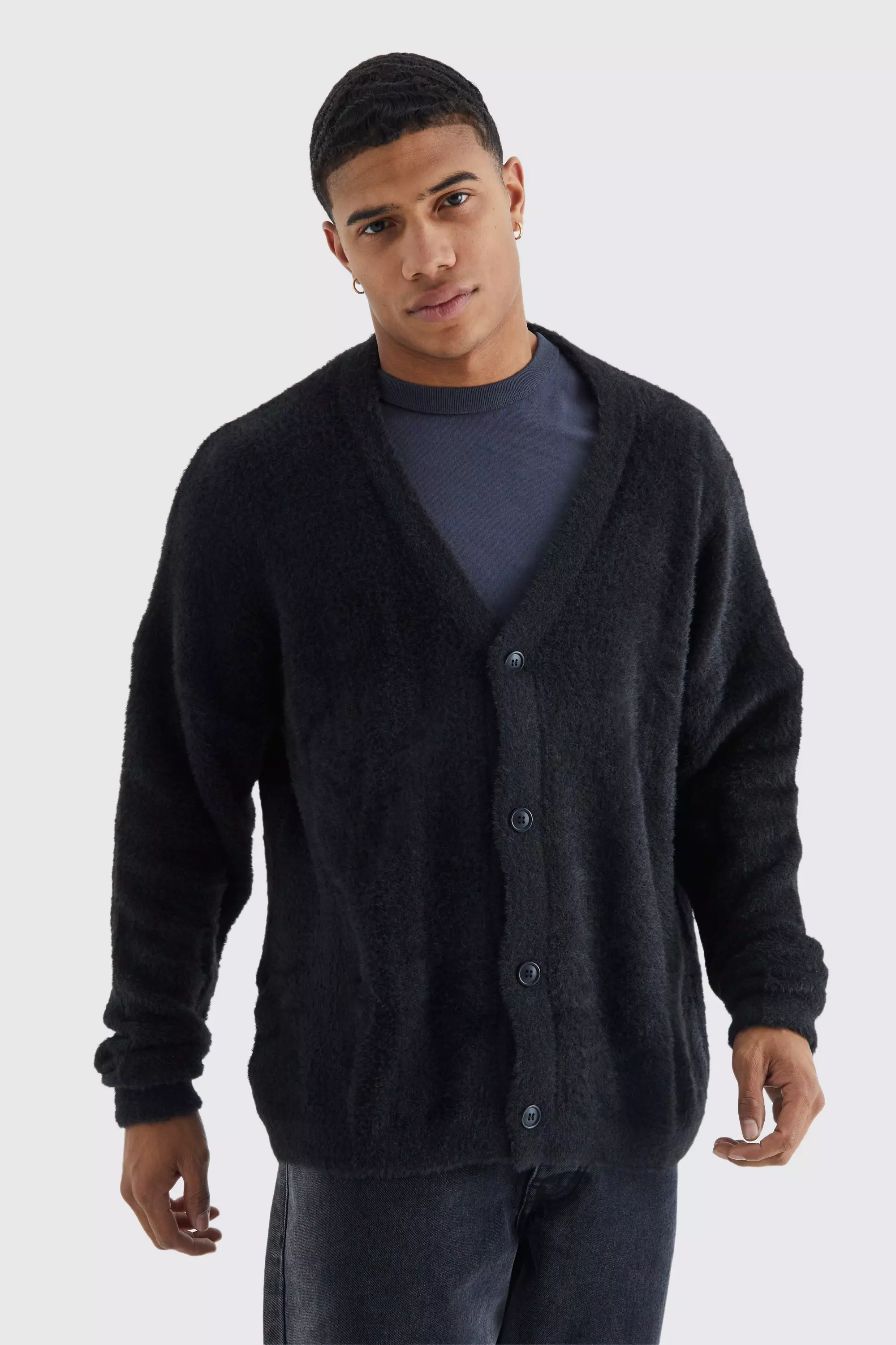 Oversized Boxy Fluffy Knitted Cardigan Black