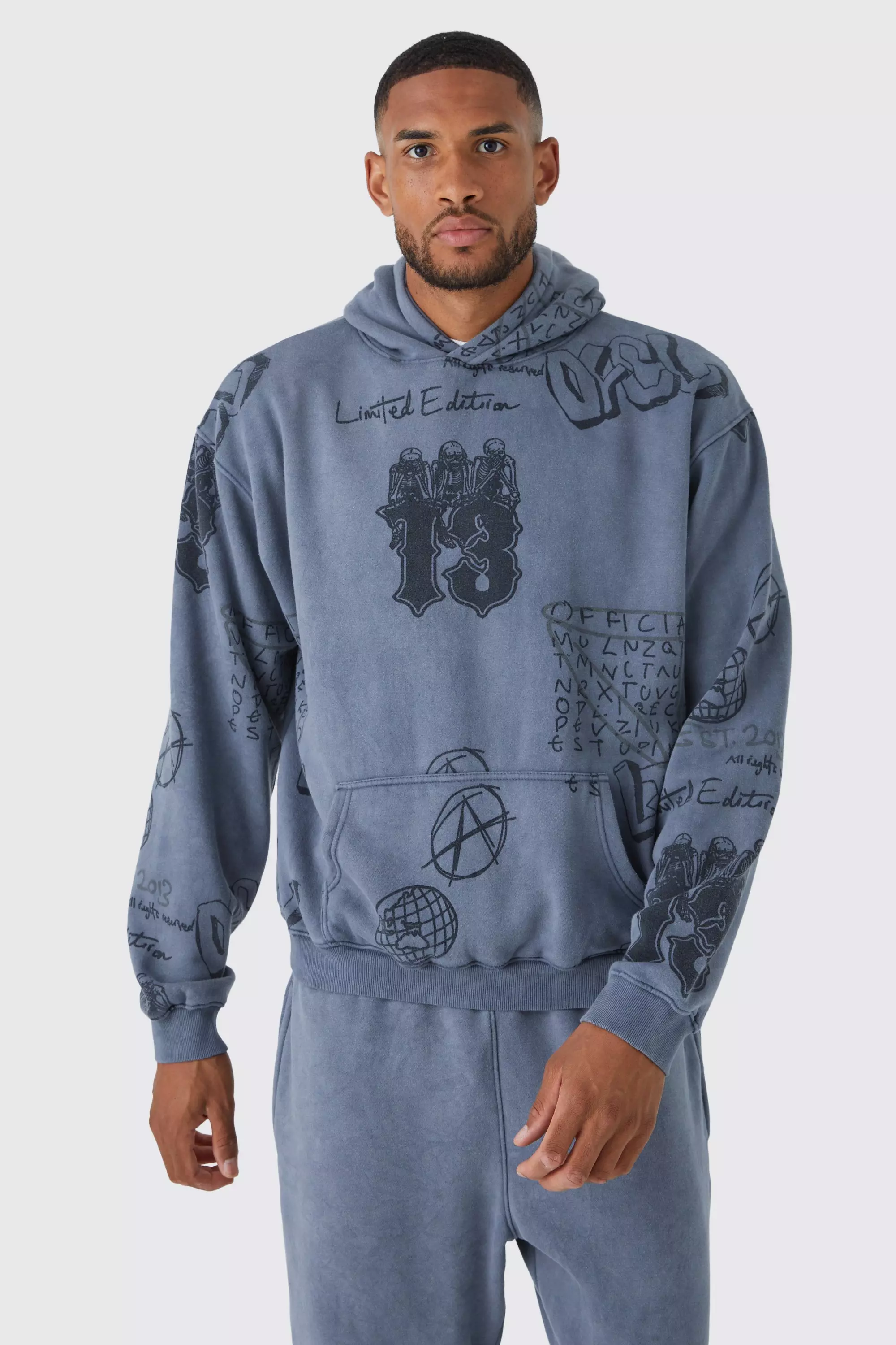 Tall Oversized Boxy Washed Graffiti Hoodie Charcoal