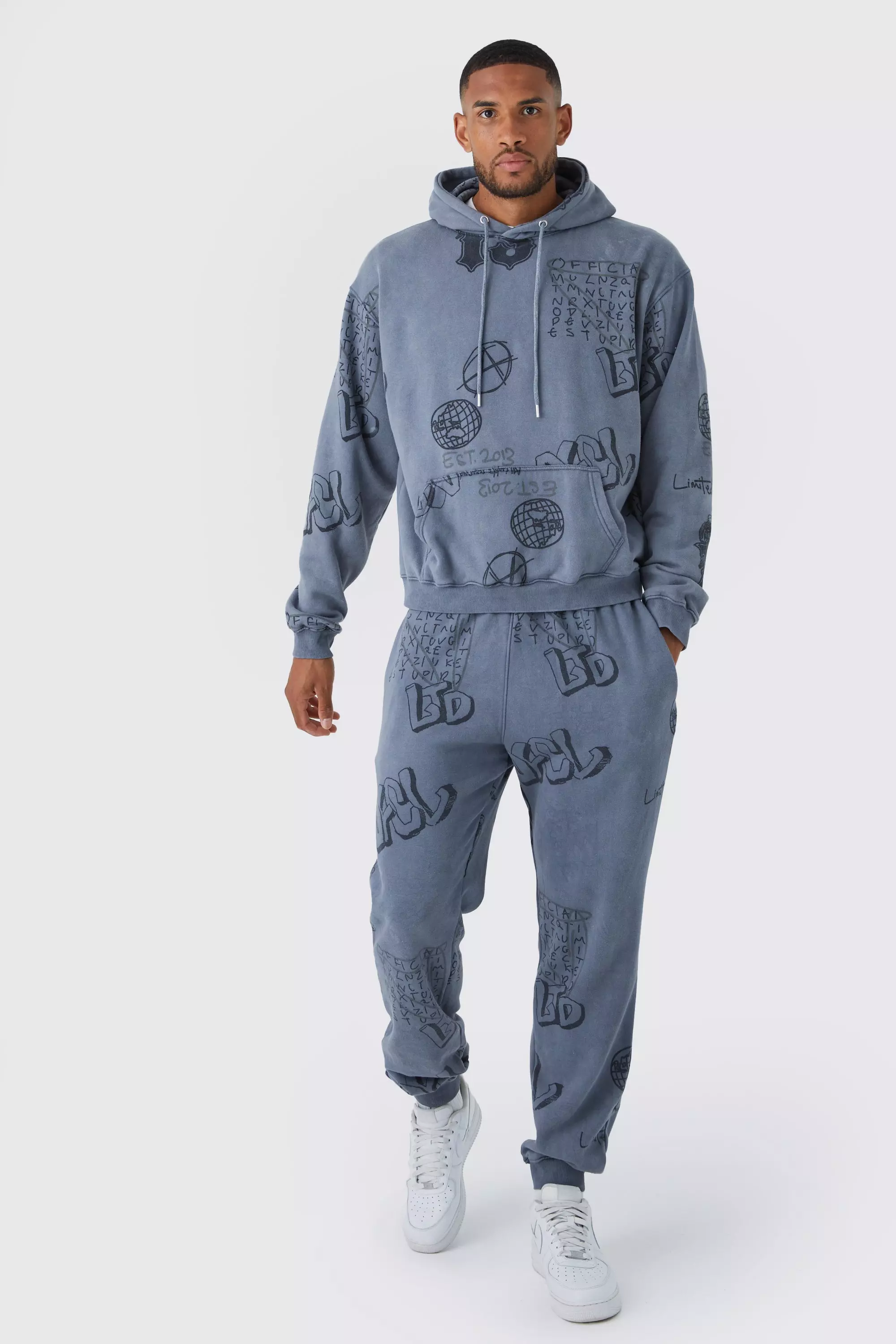 Tall Oversized Washed Grafitti Tracksuit Charcoal