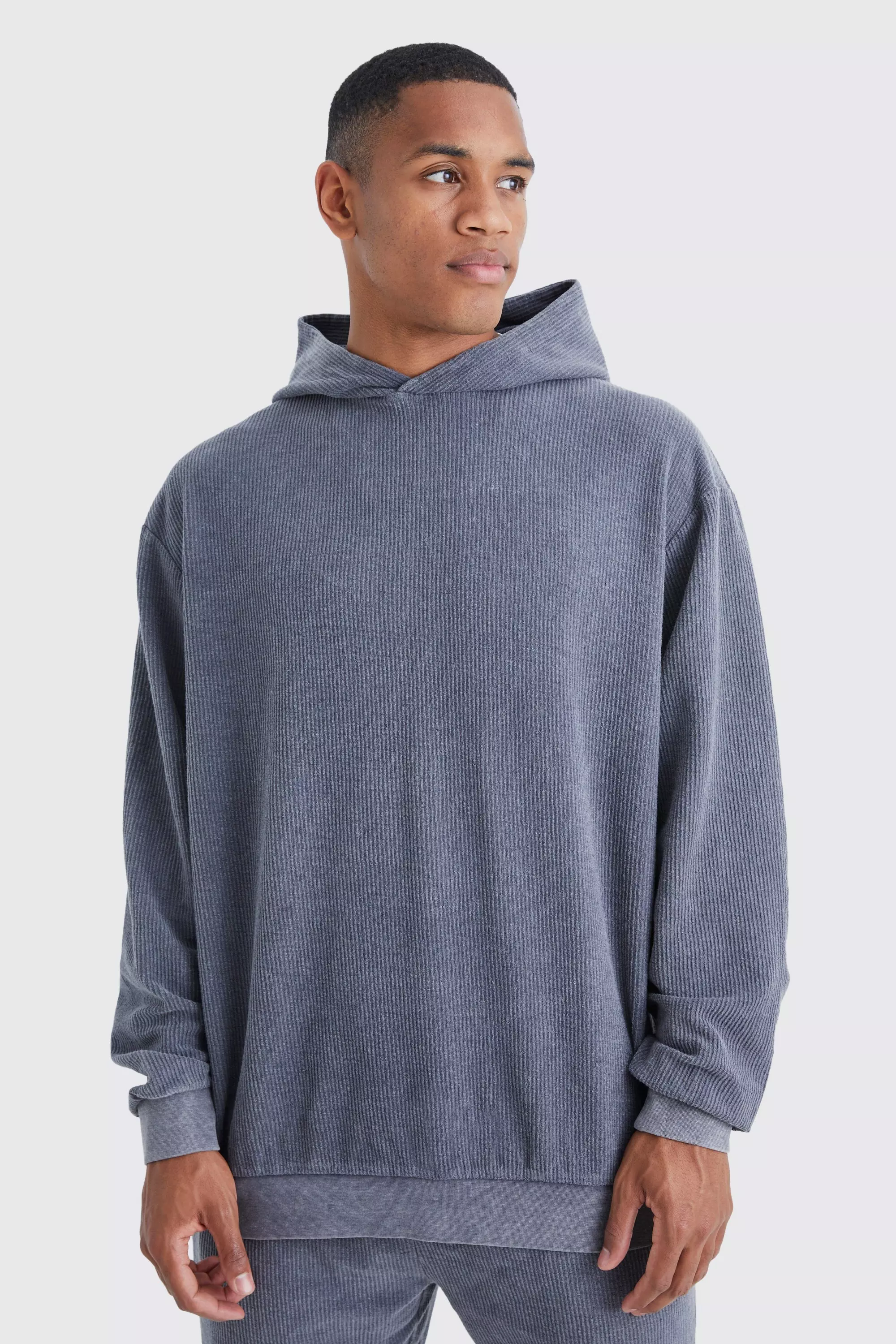 Oversized Washed Cord Hoodie Charcoal