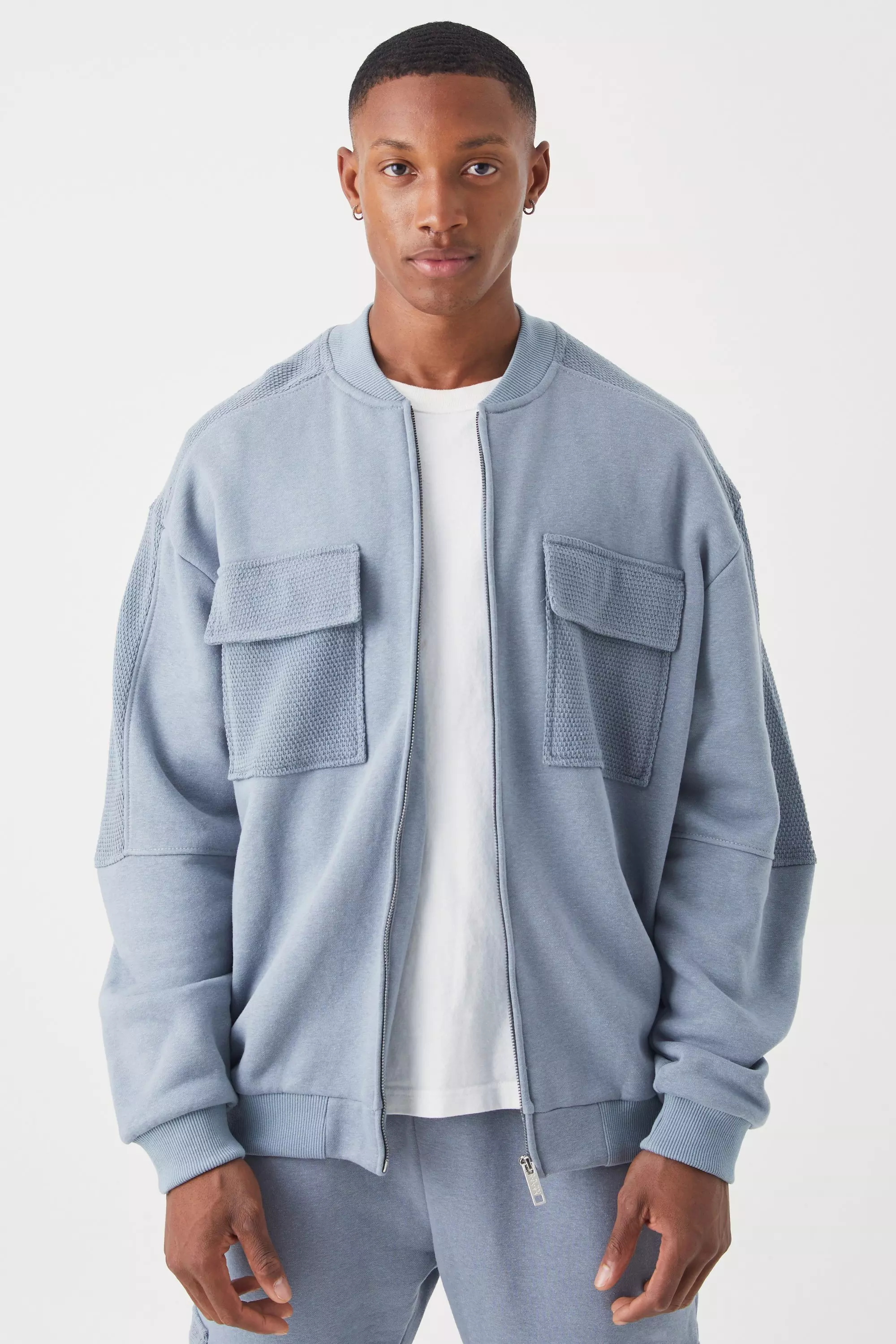 Oversized Boxy Textured Pocket Bomber Jacket Grey