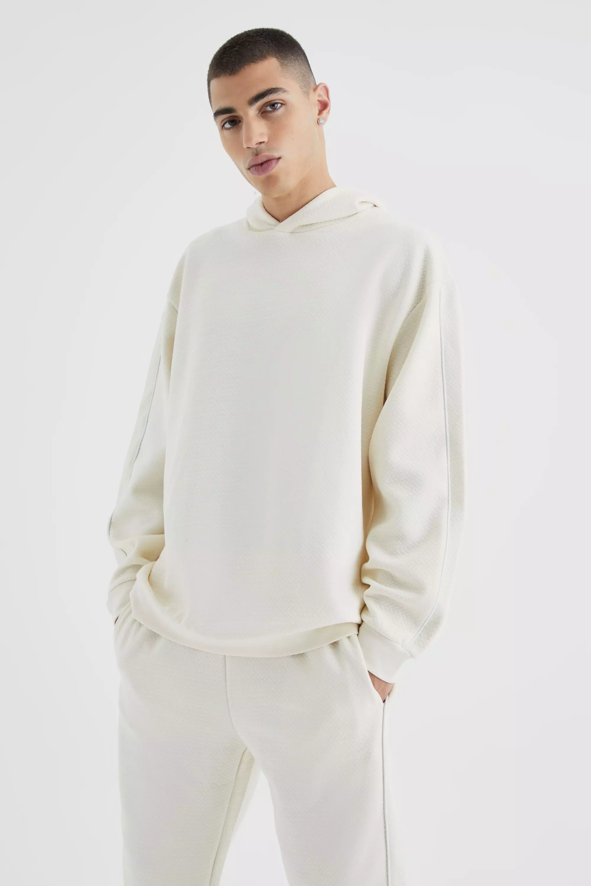 Ecru White Oversized Heavy Textured Pipped Hoodie