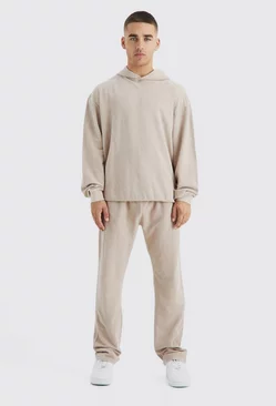 Oversized Washed Cord Hooded Tracksuit Taupe