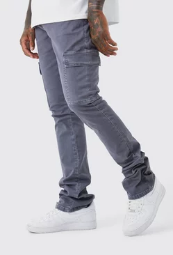 Charcoal Grey Skinny Stacked Flare Overdye Cargo Pants