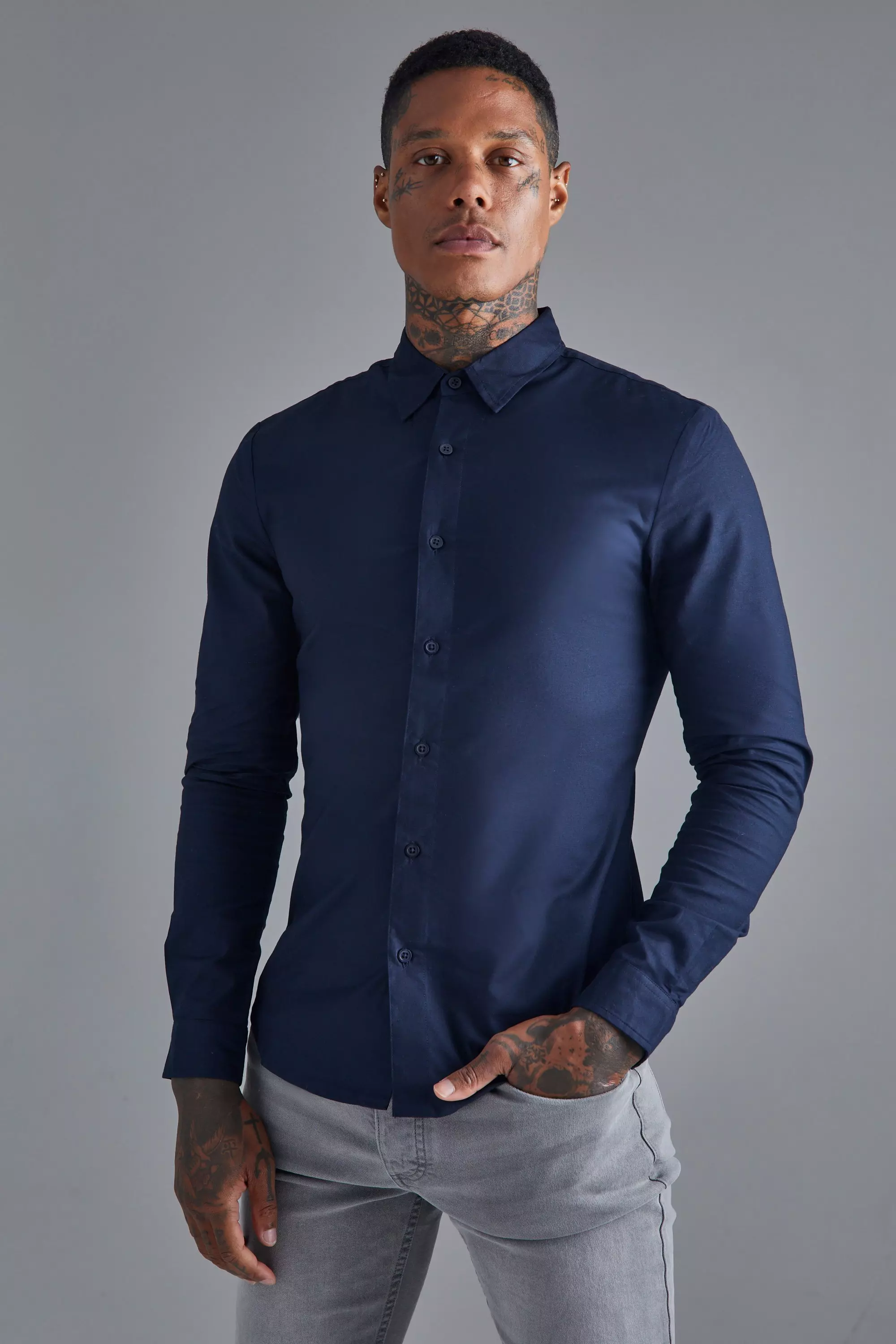 boohooMAN Boxy Fit Diamond Jacquard Denim Shirt - Blue - Size S