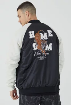 Tall Satin Souvenir Bomber With Embroidery Black