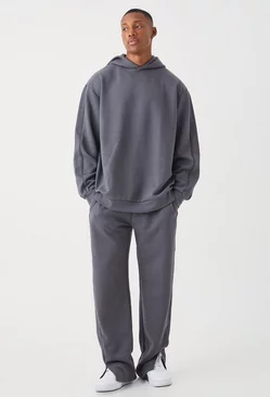 Oversized Heavy Textured Hooded Tracksuit Charcoal