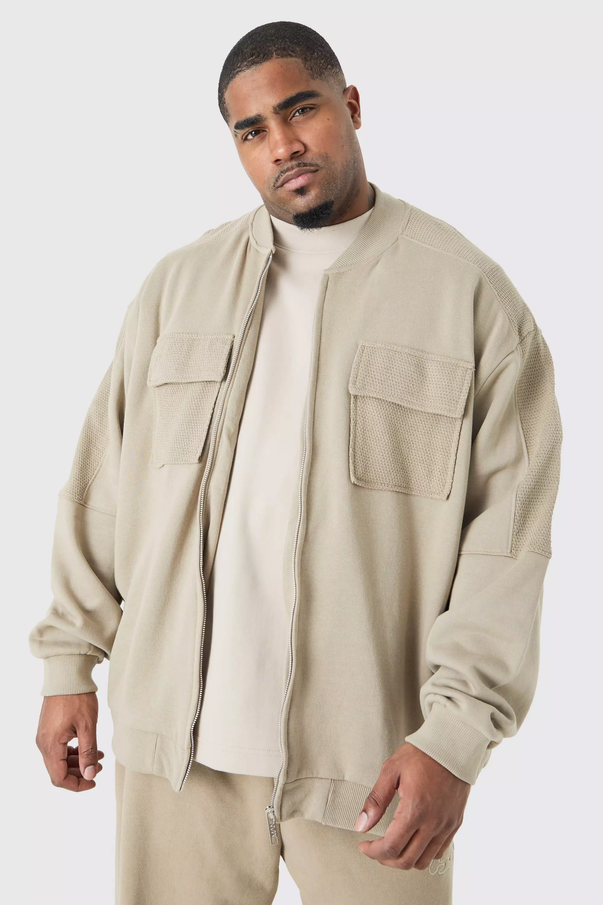 Plus Oversized Boxy Textured Pocket Bomber Jacket Taupe