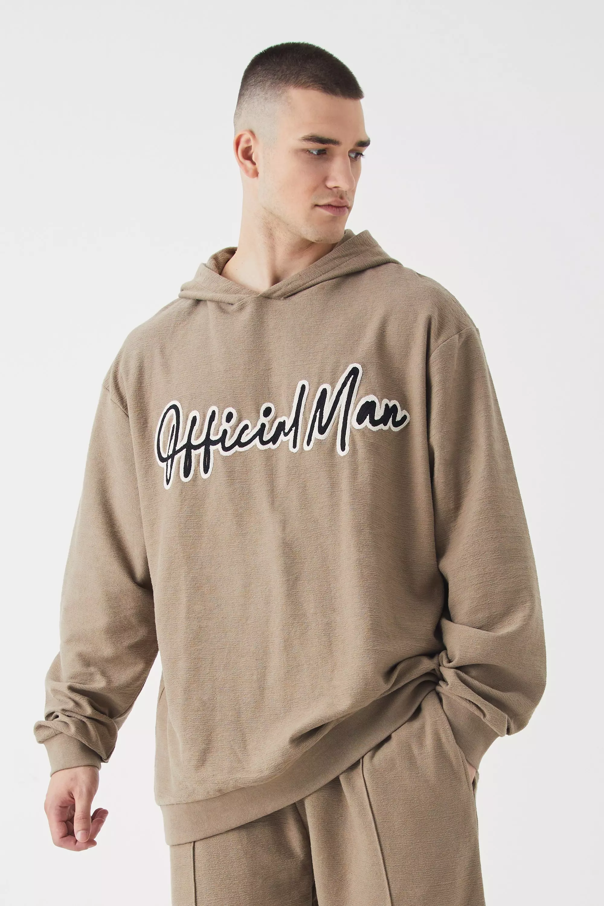 Tall Oversized Slub Interlock Hoodie Taupe