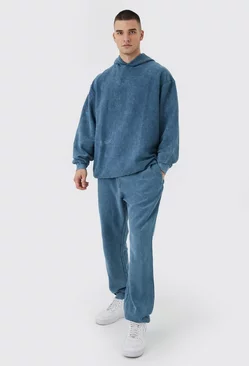 Tall Oversized Washed Cord Hooded Tracksuit Slate
