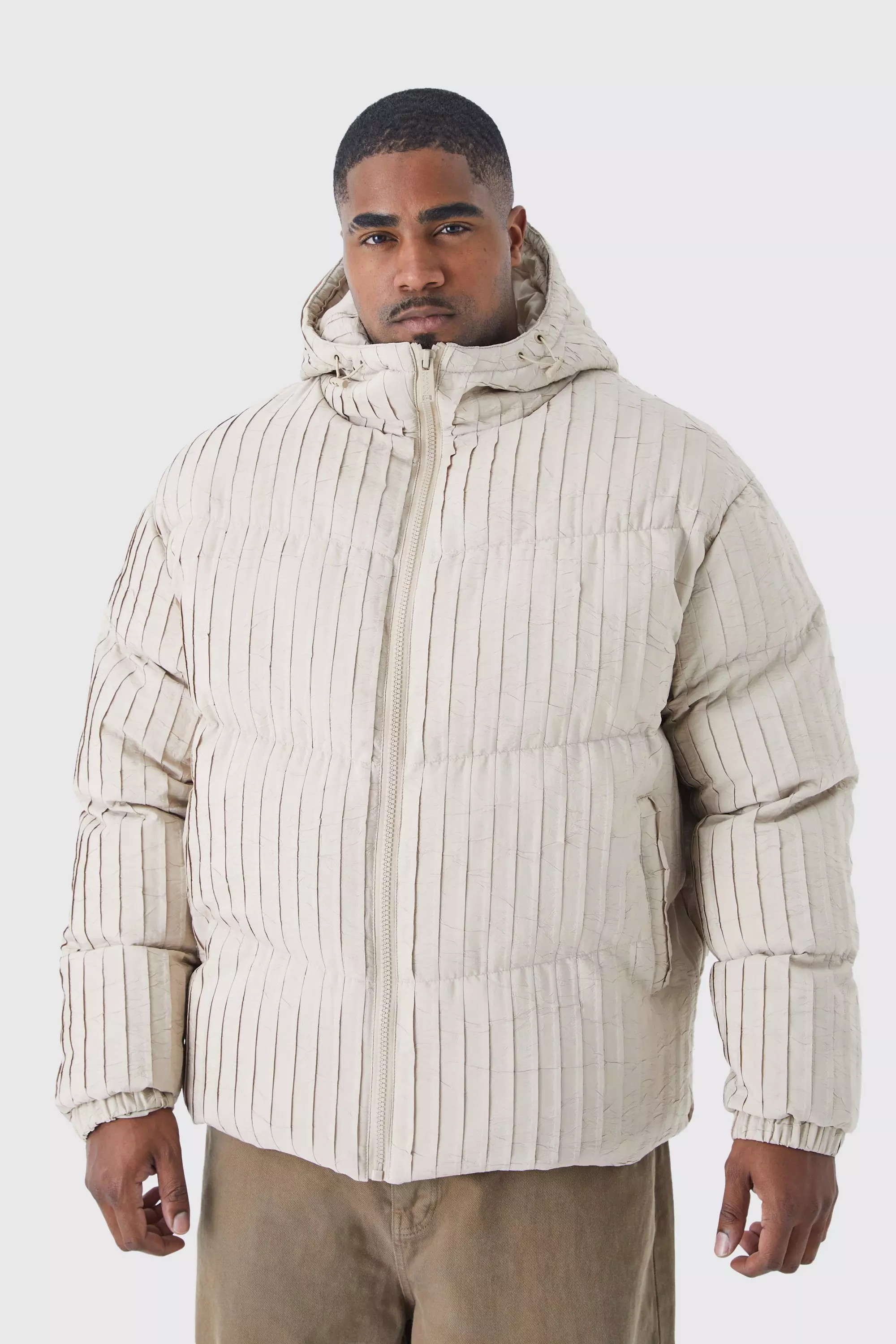 Plus Pleated Puffer With Hood Stone