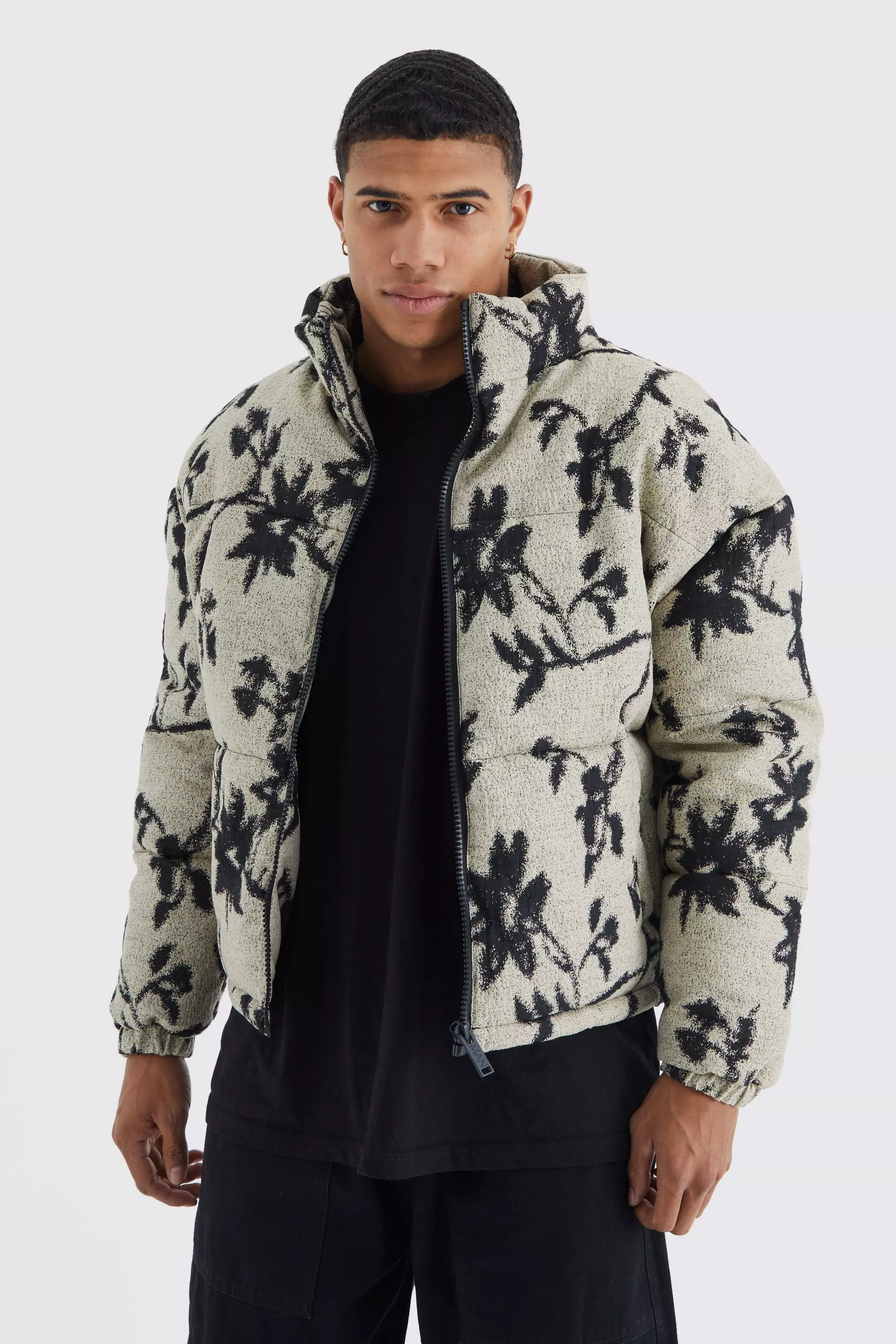 Ecru White Boxy Funnel Neck Floral Jacquard Puffer