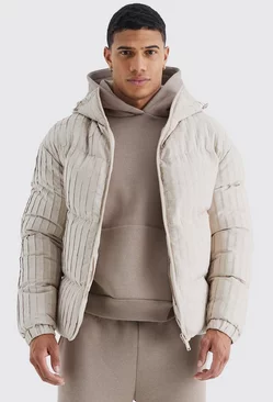 Stone Beige Pleated Puffer With Hood