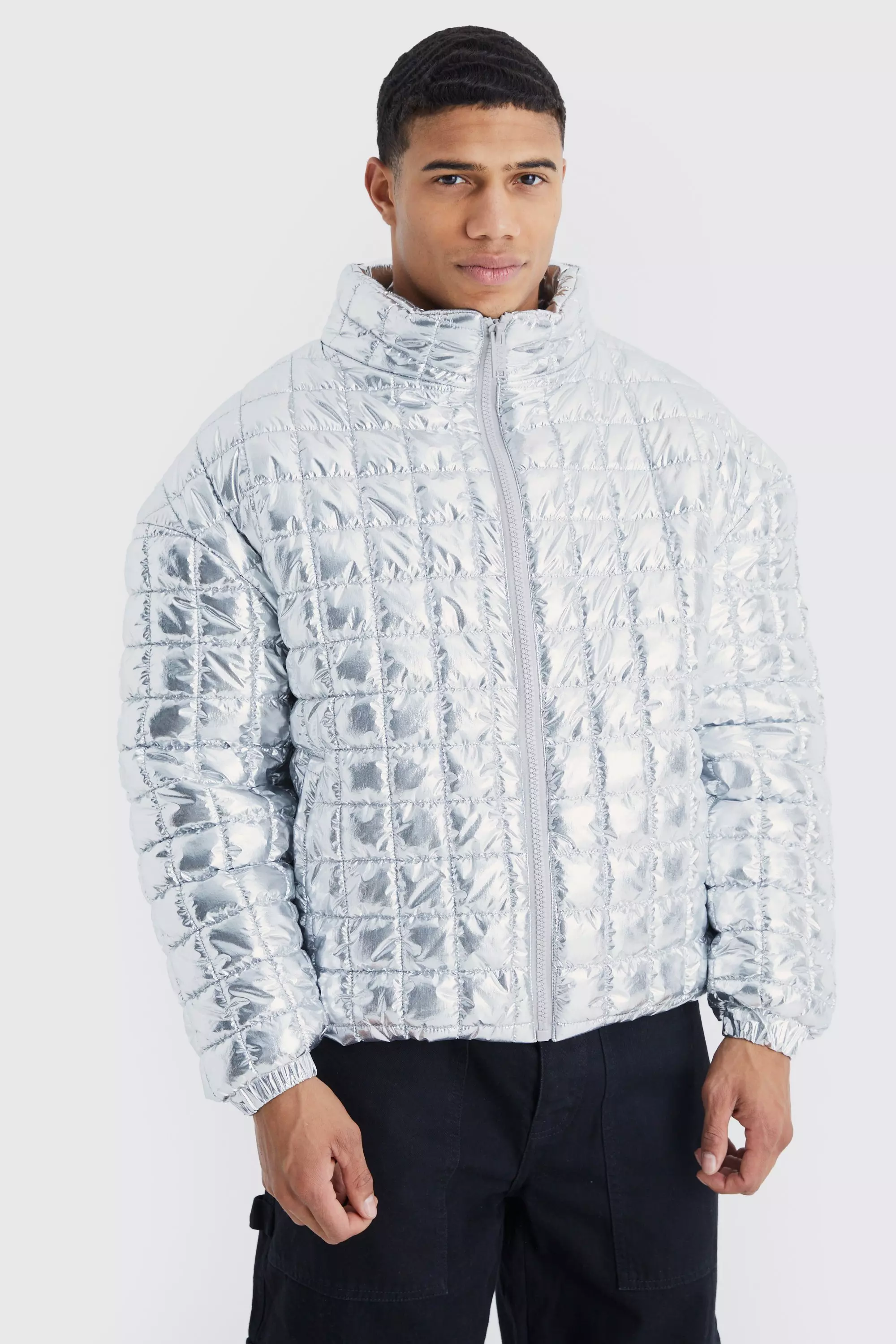 Boxy Metallic Funnel Neck Bubble Puffer Silver