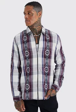 Long Sleeve Zip Through Aztec Overshirt Ecru