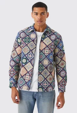 Long Sleeve Zip Through Diamond Tapestry Overshirt Multi