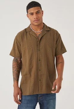 Short Sleeve Oversized Tonal Aztec Shirt Khaki