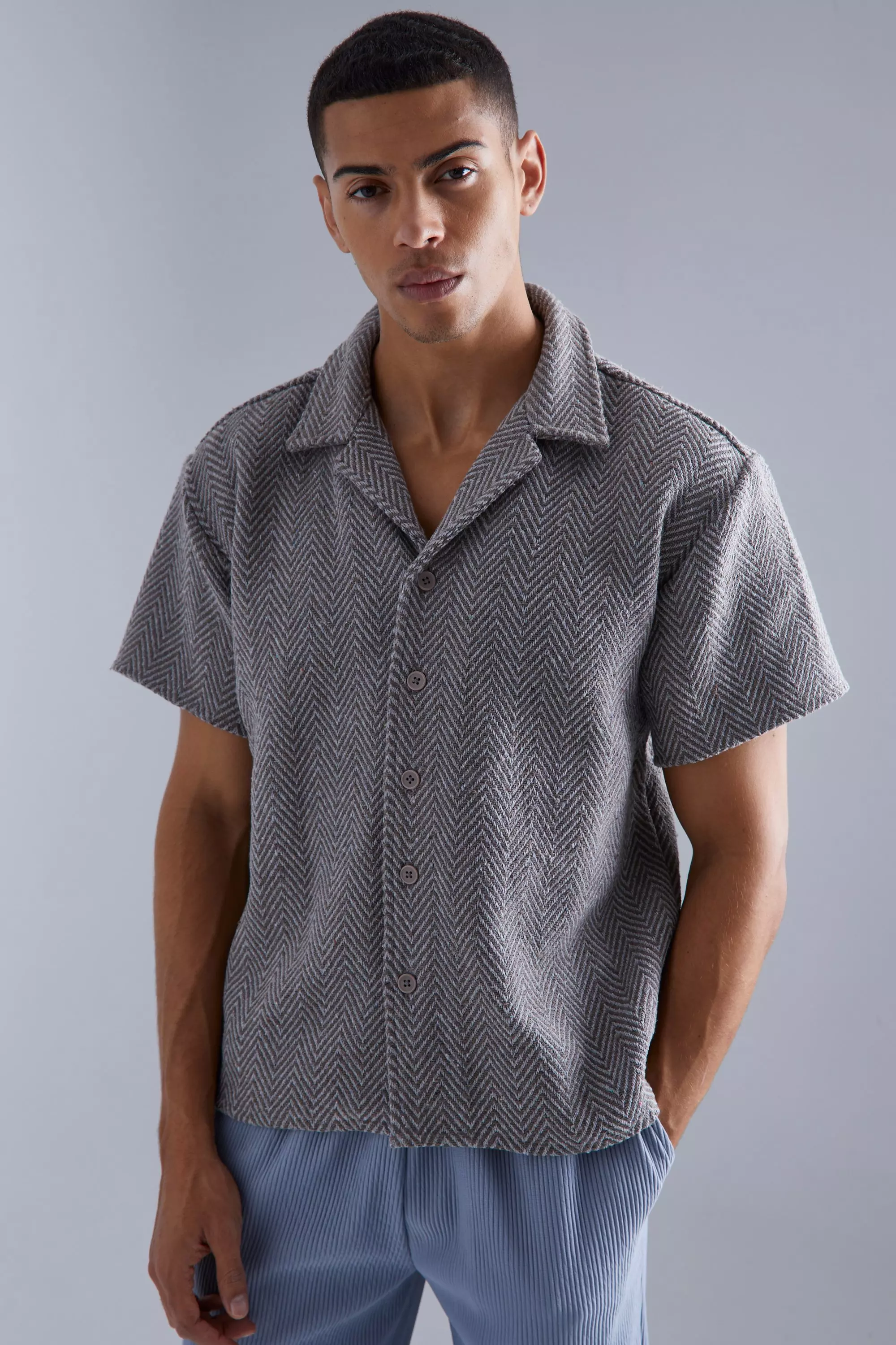 Short Sleeve Zig Zag Contrast Boxy Shirt Stone