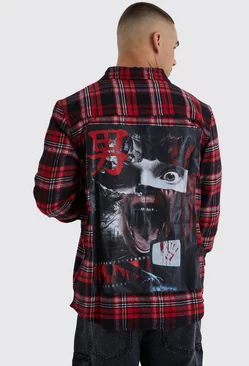 Red Long Sleeve Scream Back Print Check Shirt