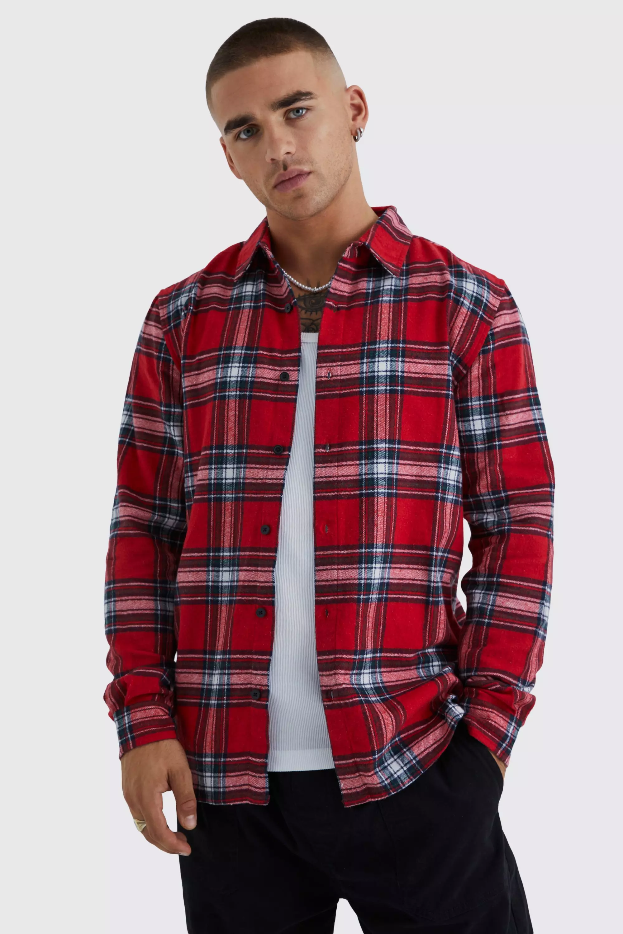 Long Sleeve Tartan Flannel Shirt Red