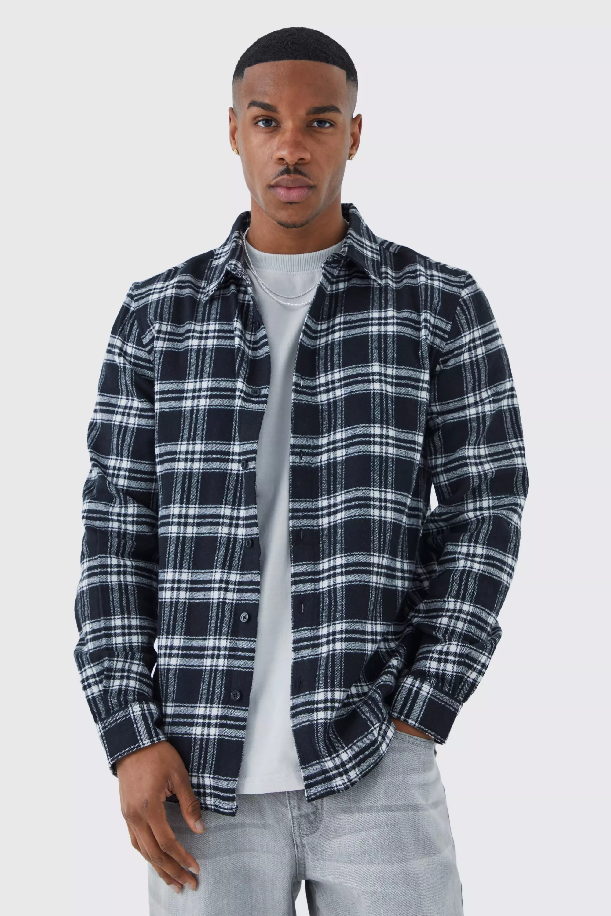 Long Sleeve Grid Flannel Shirt Black