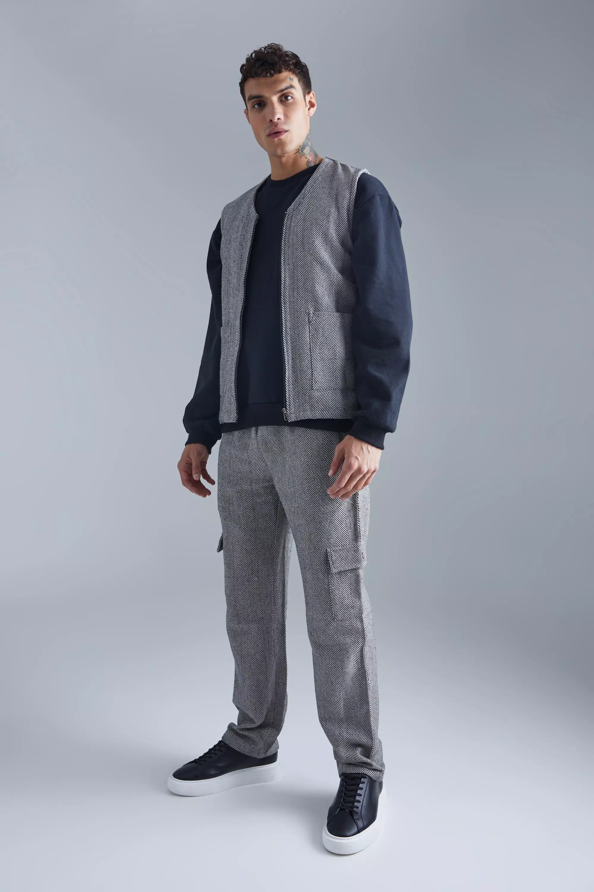 Herringbone Utility Vest And Cargo Pants Set Stone