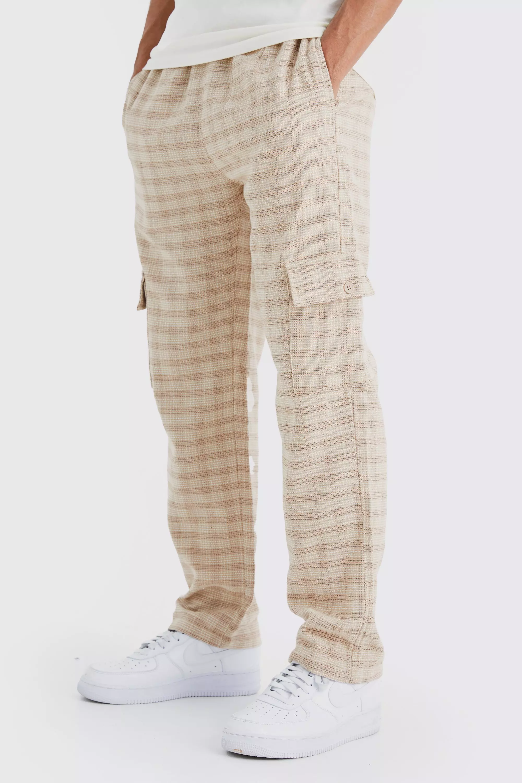 Elastic Waist Woven Check Cargo Pants Stone