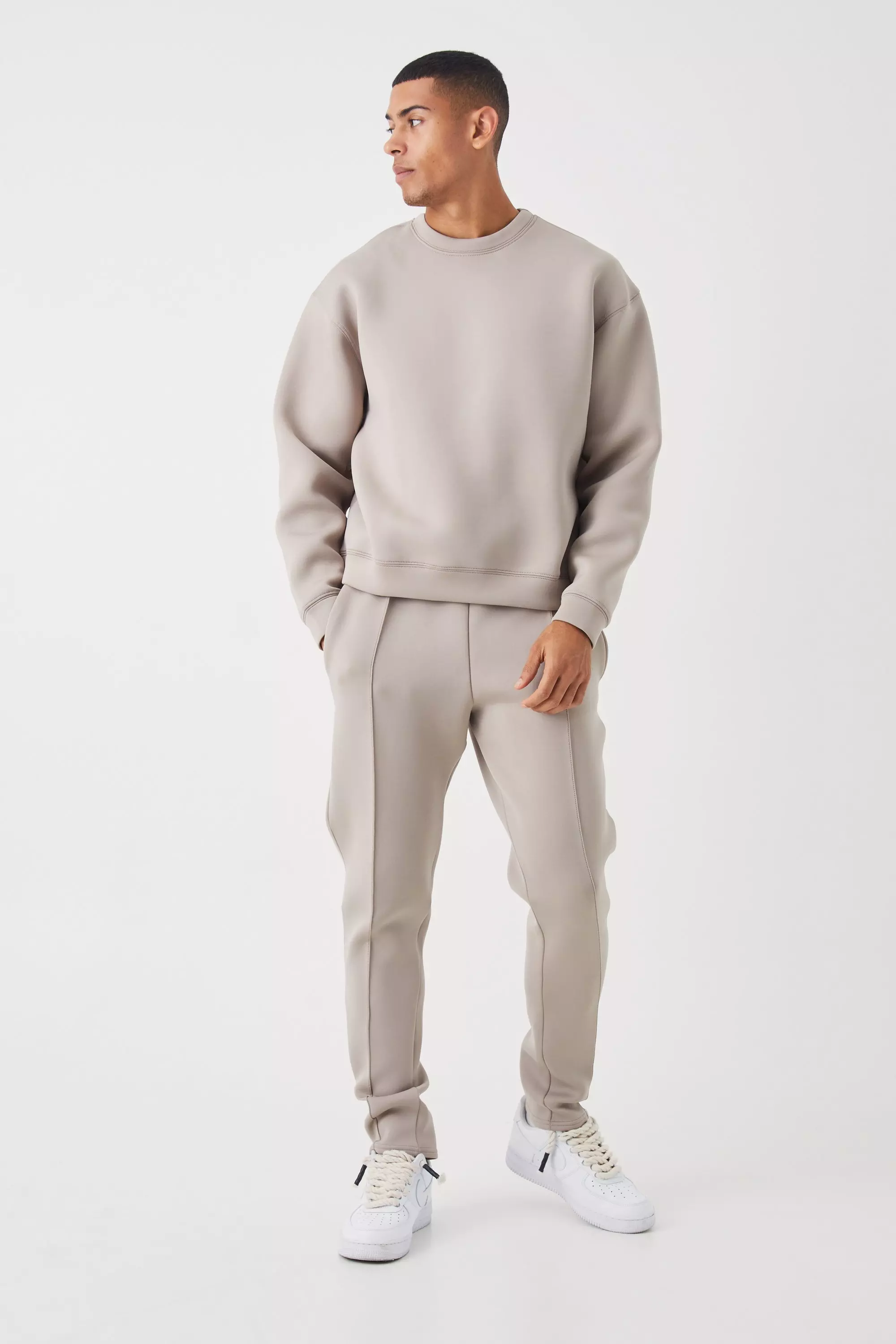 Oversized Boxy Bonded Scuba Sweater Tracksuit Taupe