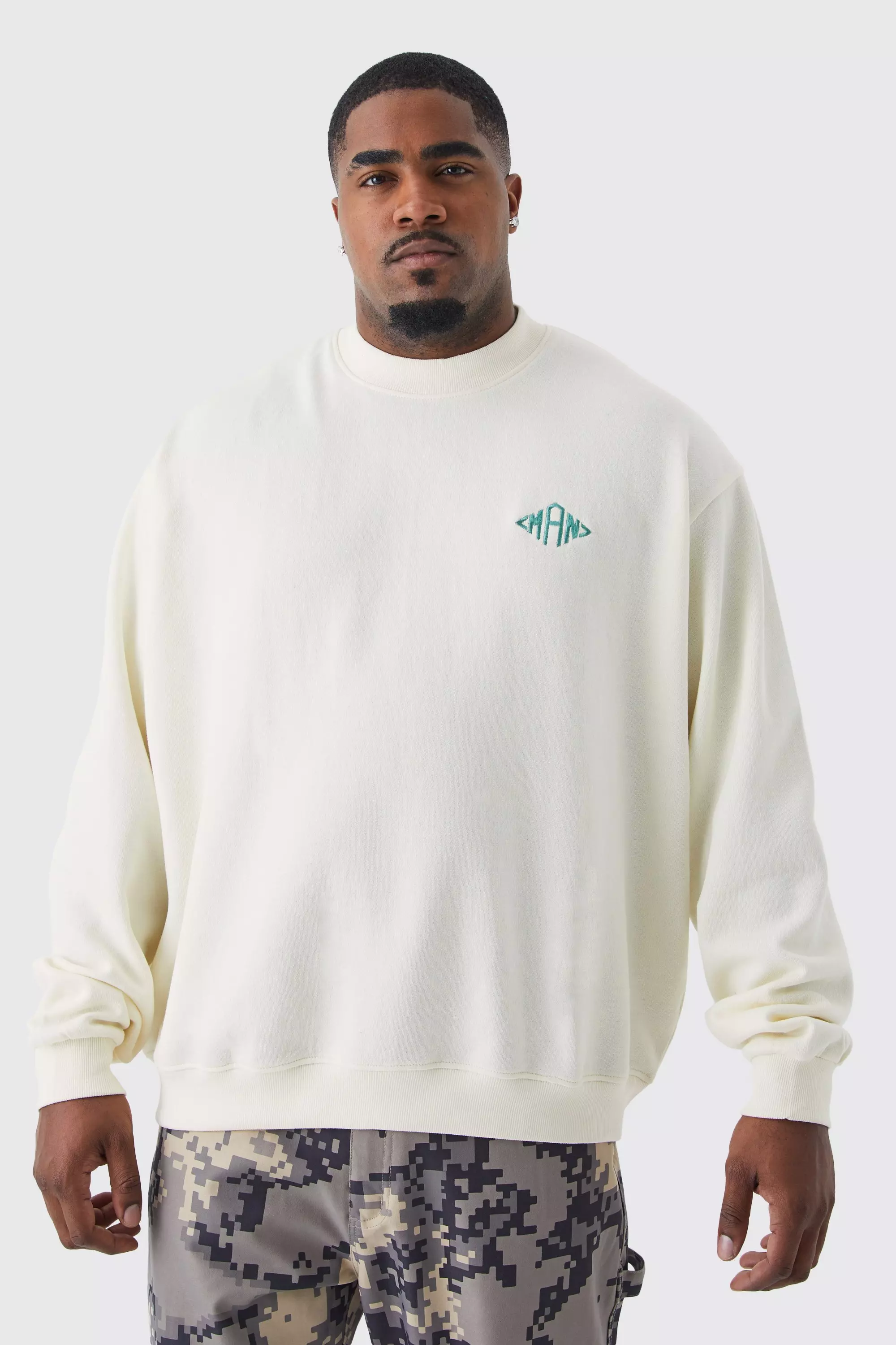 Ecru White Plus Man Oversized Boxy Extended Neck Sweatshirt