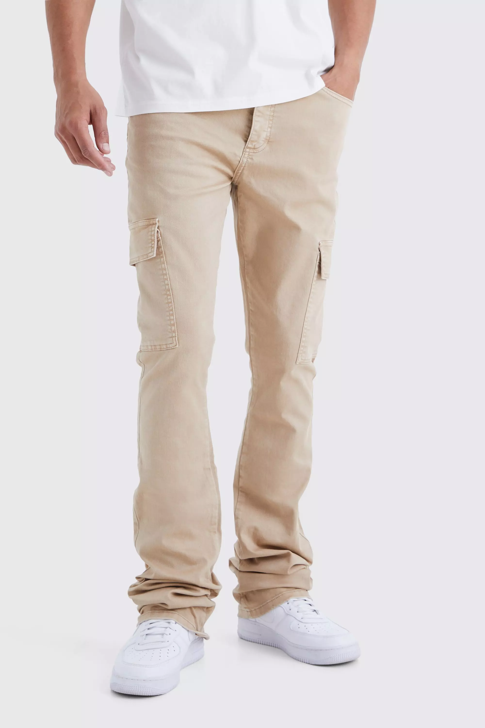 Stone Beige Tall Skinny Stacked Flare Overdye Cargo Pants
