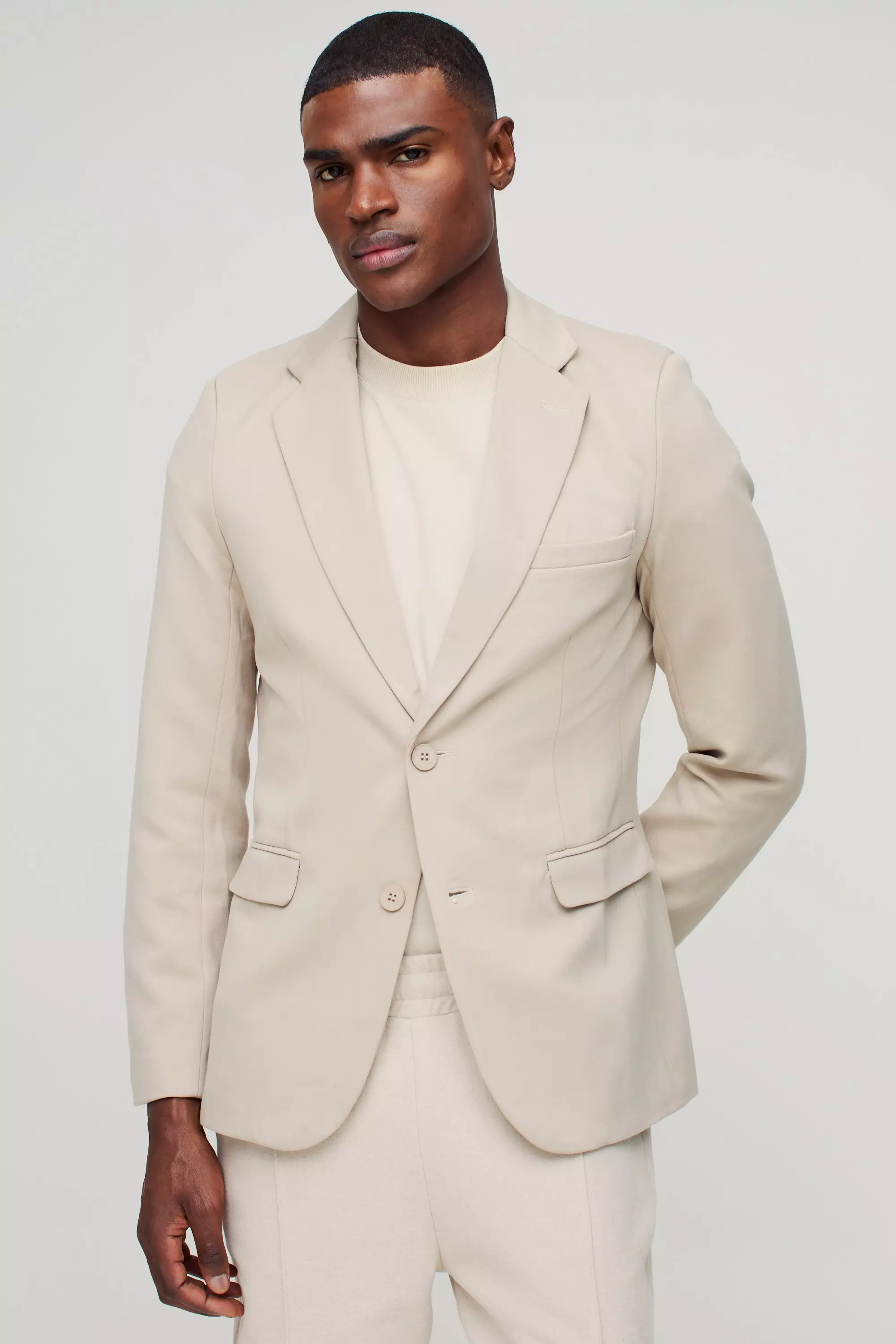 Stone Beige Skinny Fit Single Breasted Jersey Blazer