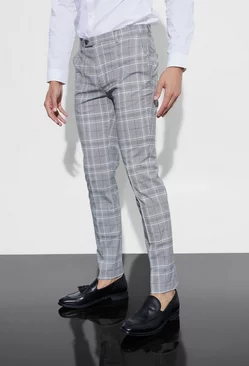 Grey Skinny Tapered Smart Plaid Pants with Pintuck