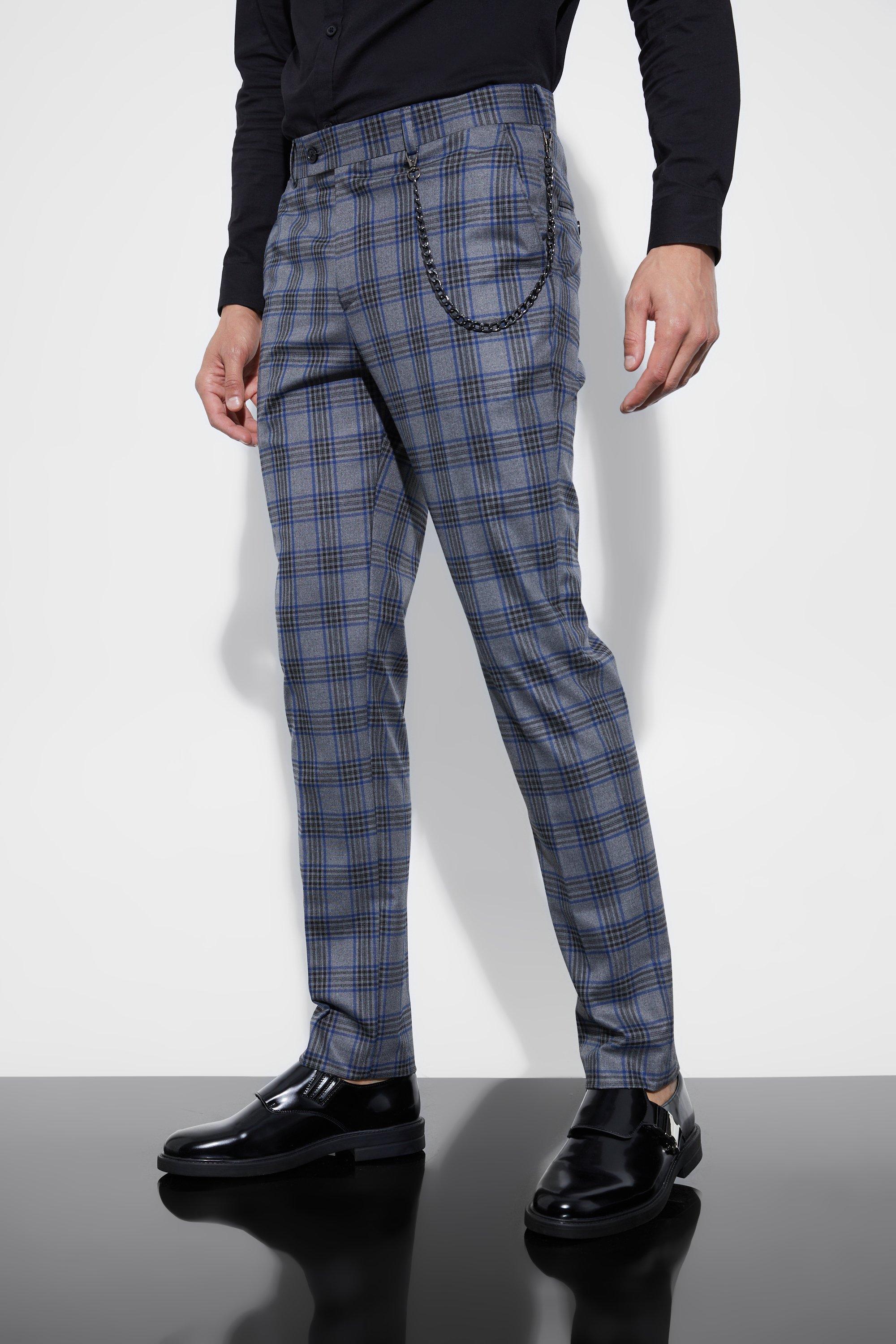 Grey Plaid Pants With Detachable Chain