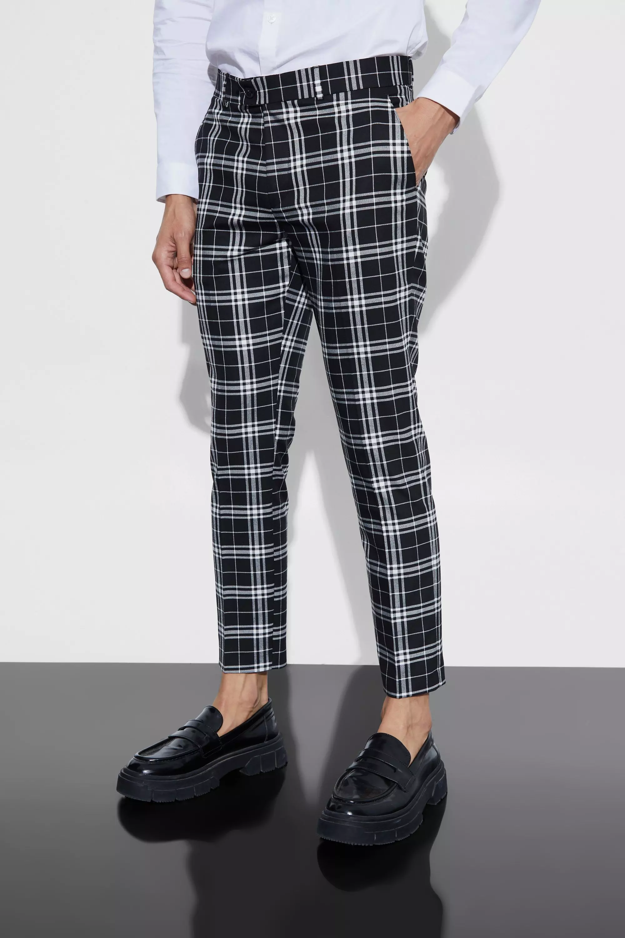 Mono Tartan Cropped Smart Pants Black