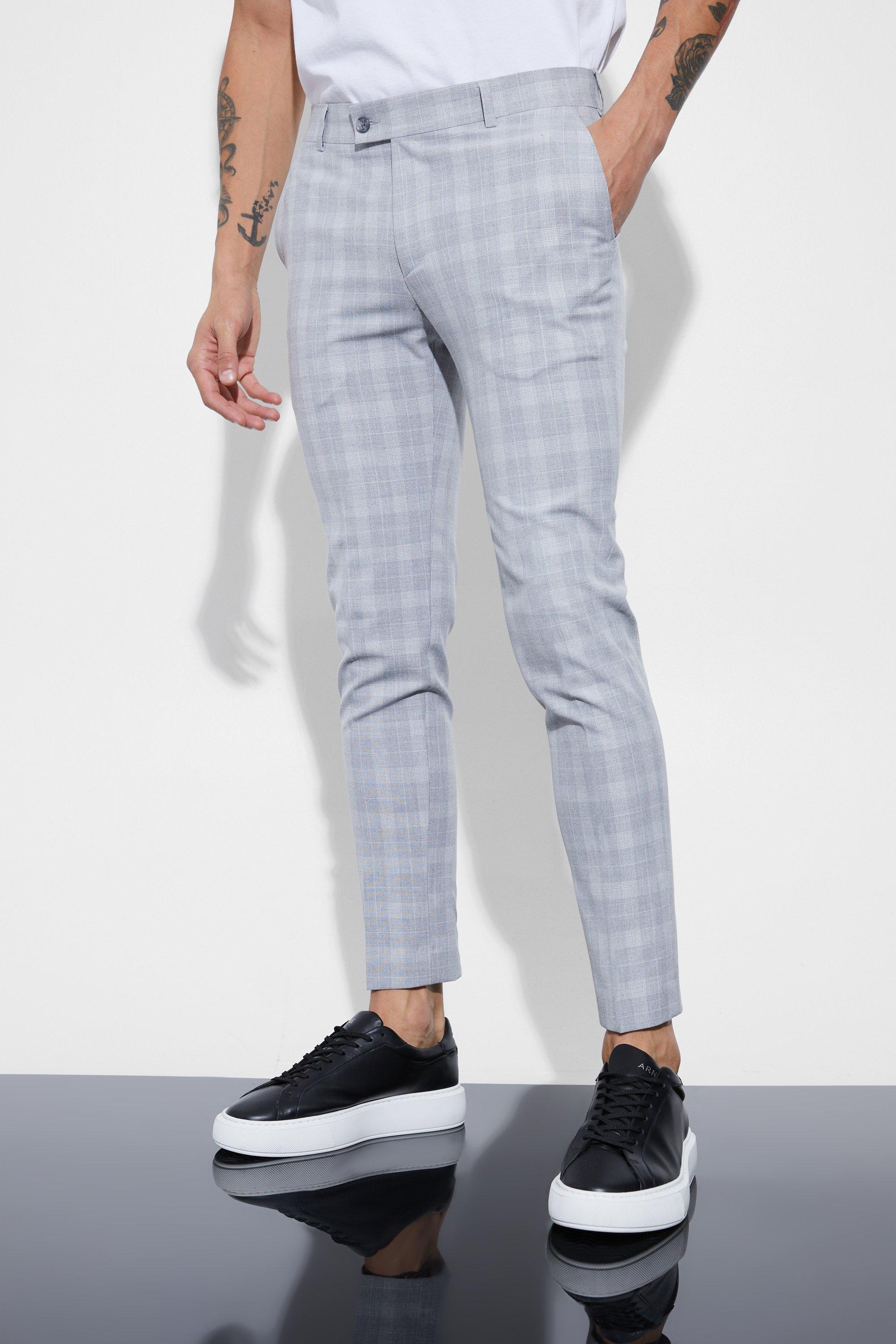 Slim Fit Grey Navy Plaid Pants - Benjamin's Menswear