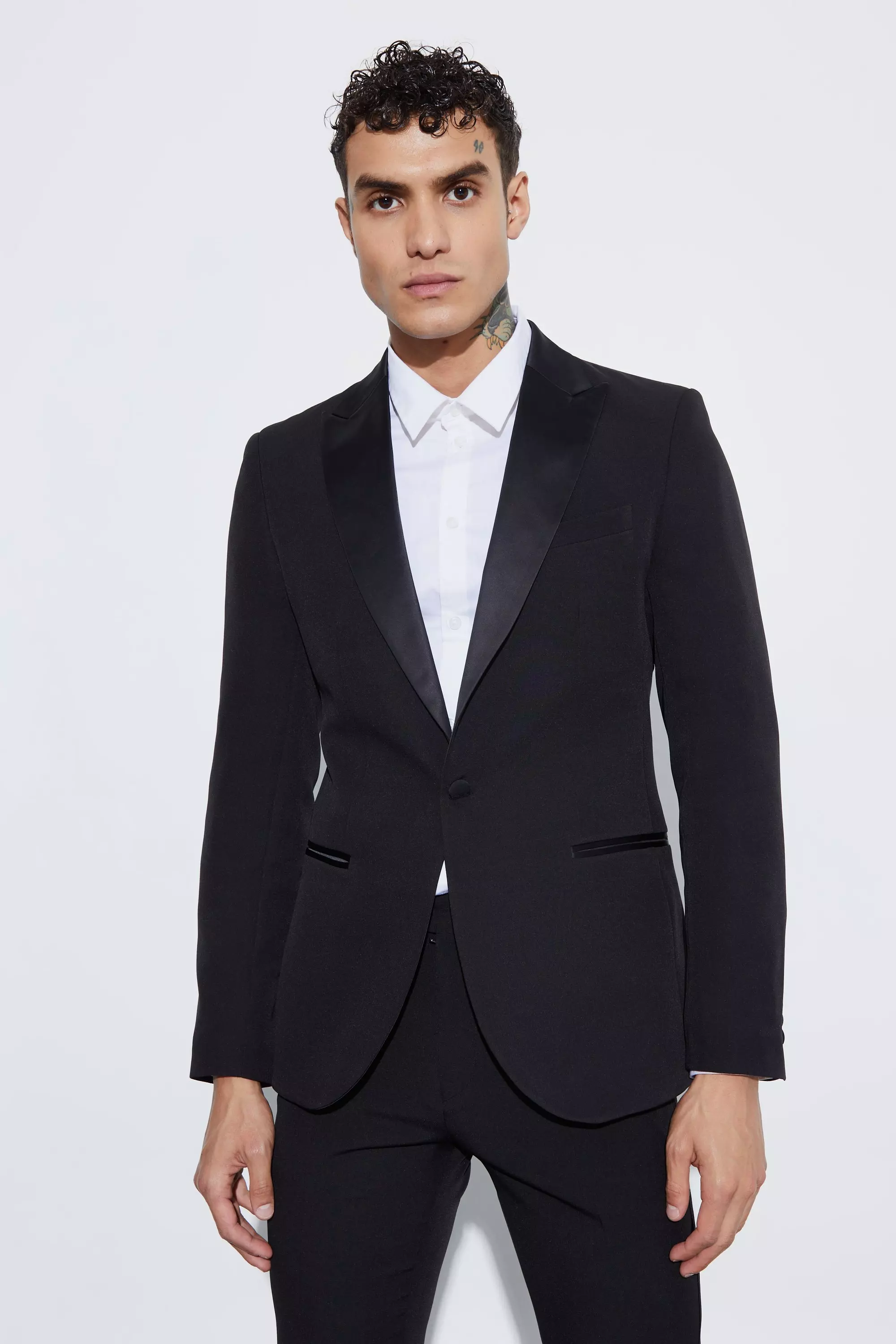 Skinny Fit Single Breasted Tuxedo Jacket Black