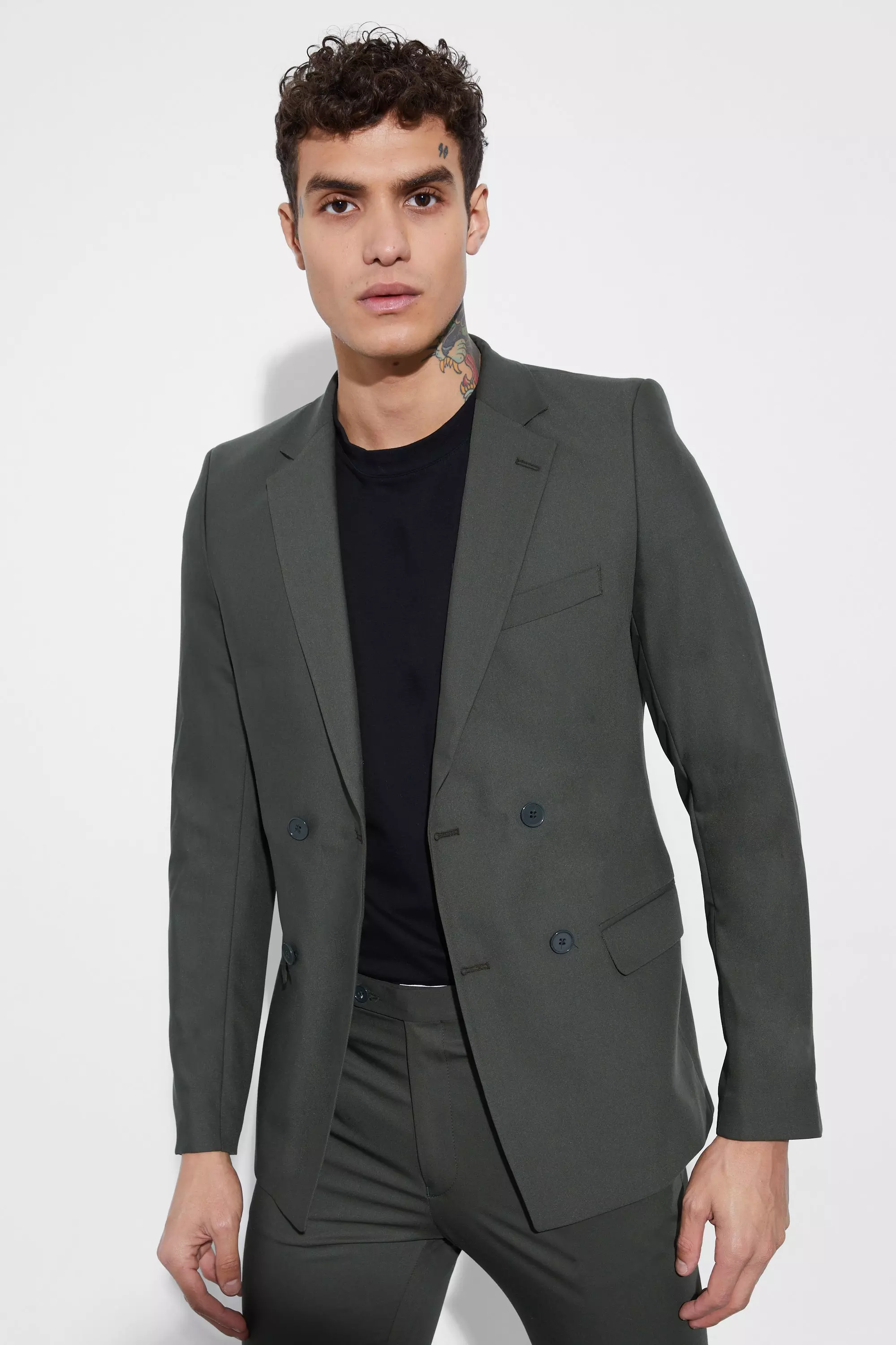 Khaki Super Skinny Double Breasted Blazer alternative image