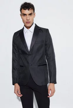 Slim Fit Contrast Lapel Jacquard Suit Jacket Black