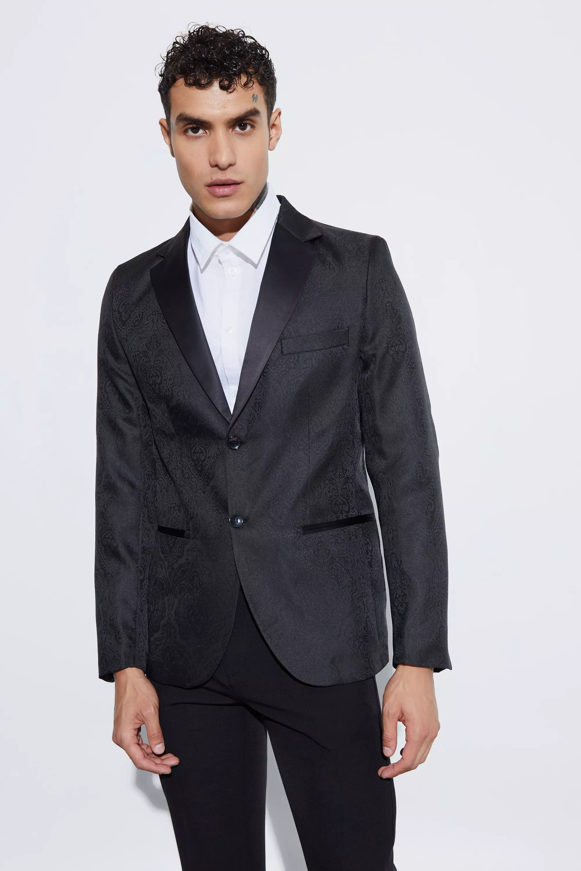 Slim Fit Contrast Lapel Jacquard Suit Jacket Black