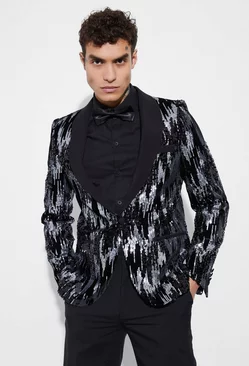 Slim Fit Contrast Lapel Sequin Suit Jacket Black
