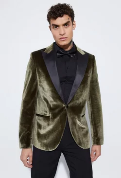 Slim Fit Contrast Lapel Velvet Suit Jacket Olive