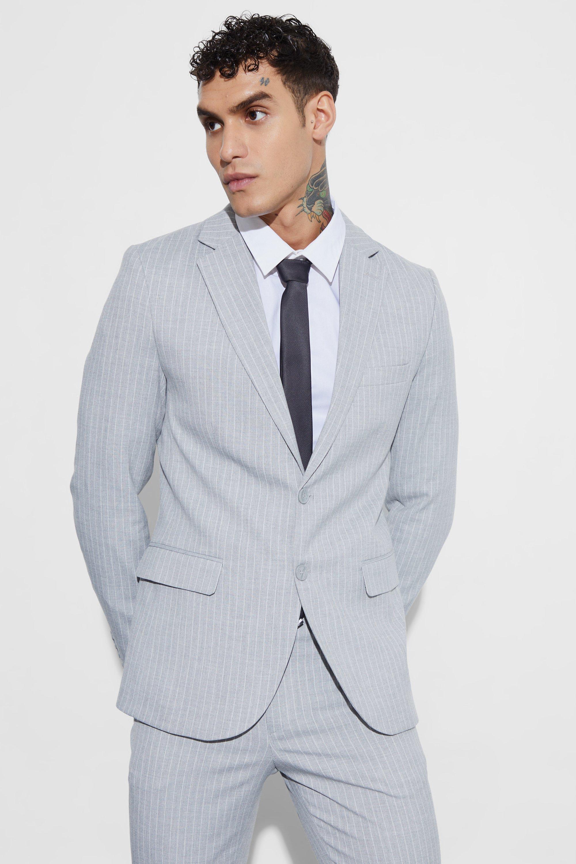 Light grey Skinny Fit Single Breasted Pinstripe Blazer