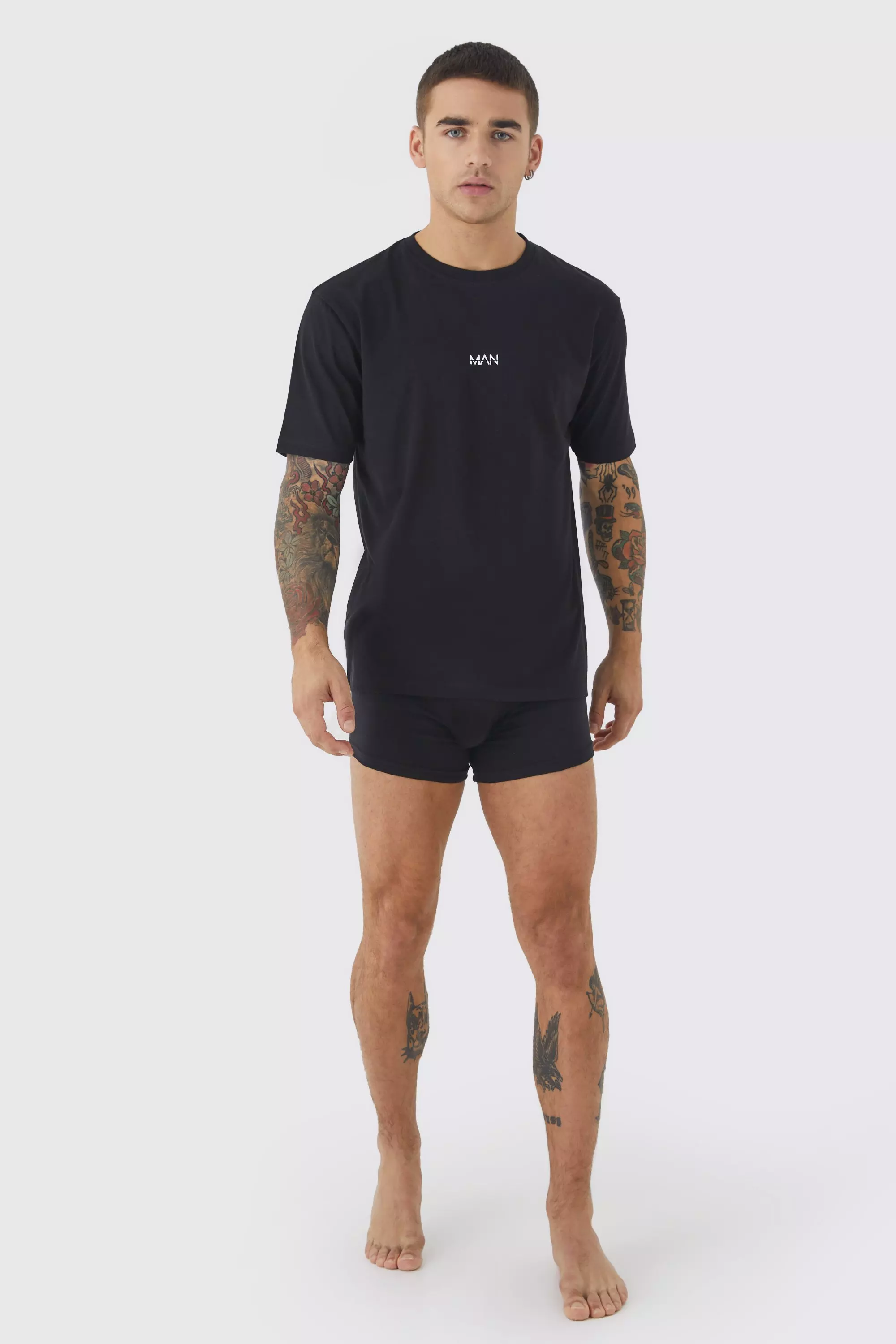 Man T-shirt And Boxer Lounge Set Black