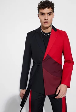 Red Skinny Fit Colour Block Wrap Front Blazer