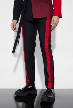 Skinny Fit Colour Block Panel Suit Pants Red