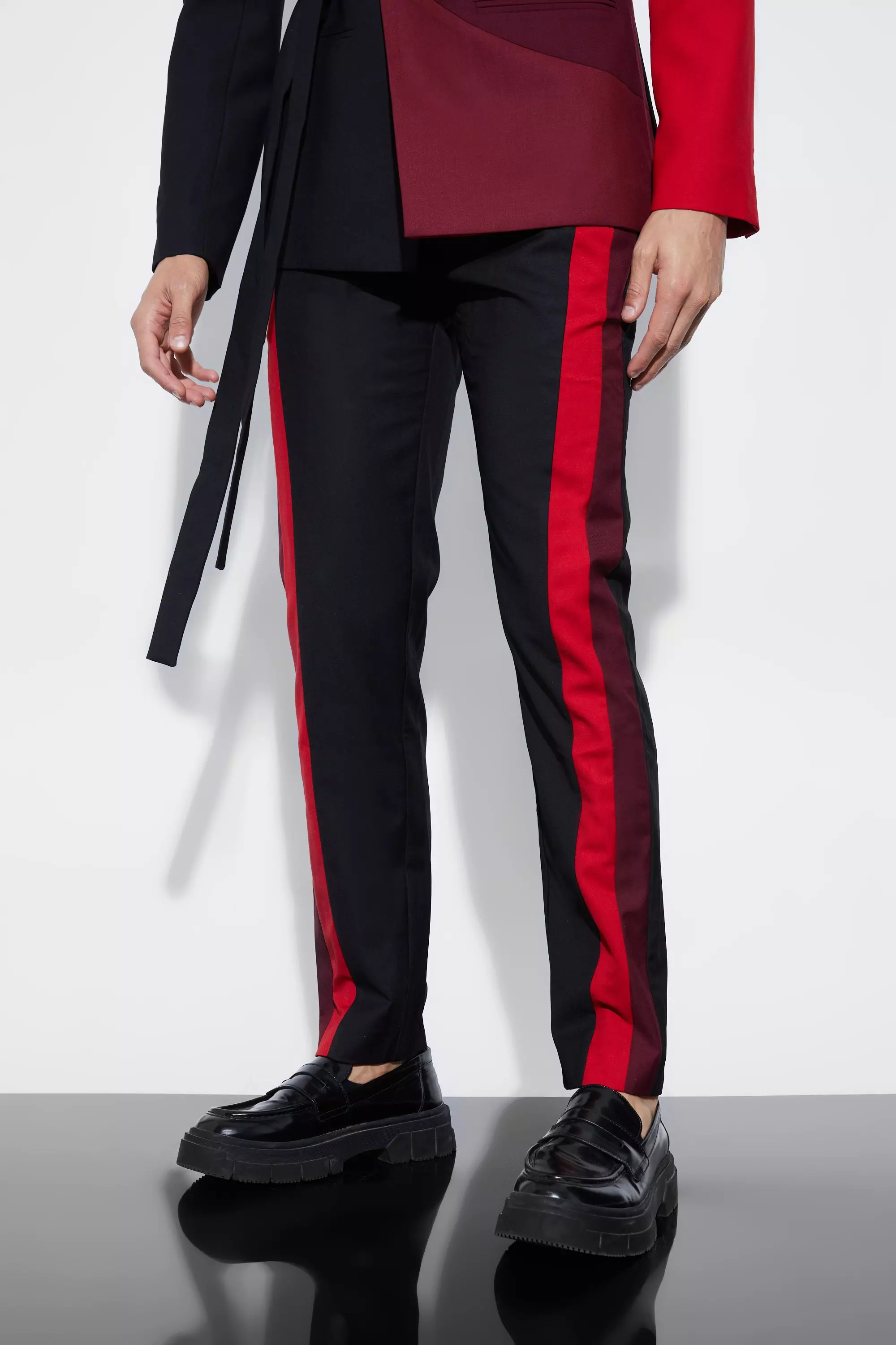 Skinny Fit Colour Block Panel Suit Pants Red