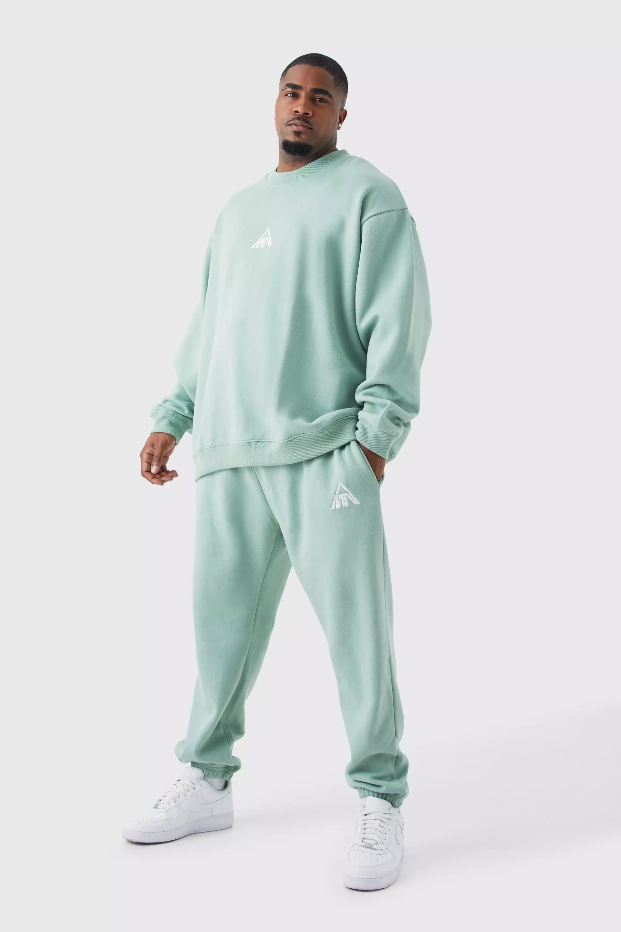 Sage Green Plus Man Oversized Sweatshirt Tracksuit