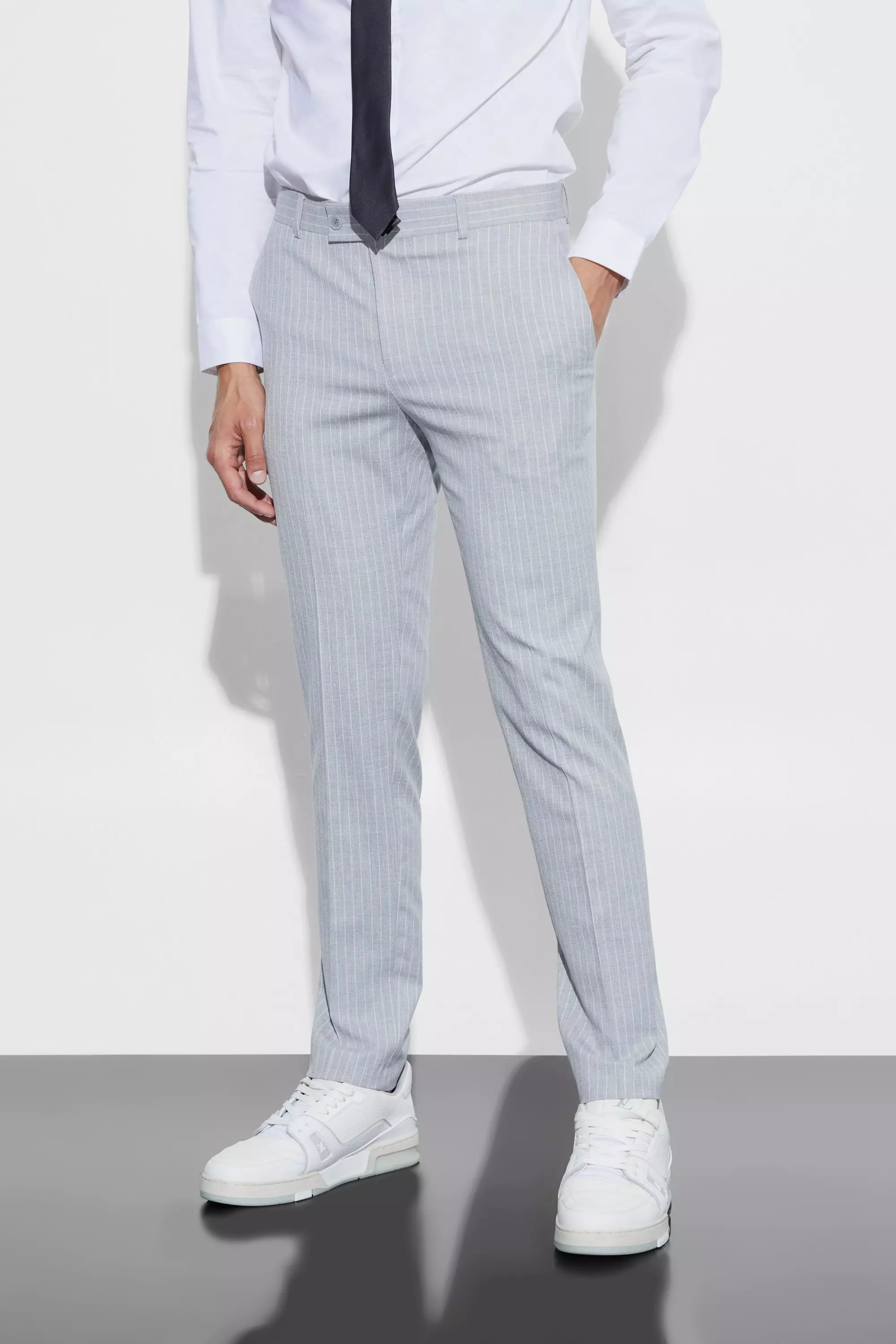 Grey Skinny Fit Pinstripe Pants