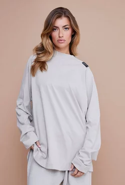 Oversized Long Sleeve Extended Neck T-shirt Taupe